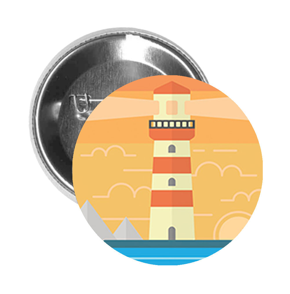 Round Pinback Button Pin Brooch Simple Lighthouse Horizon Cartoon Icon - Zoom