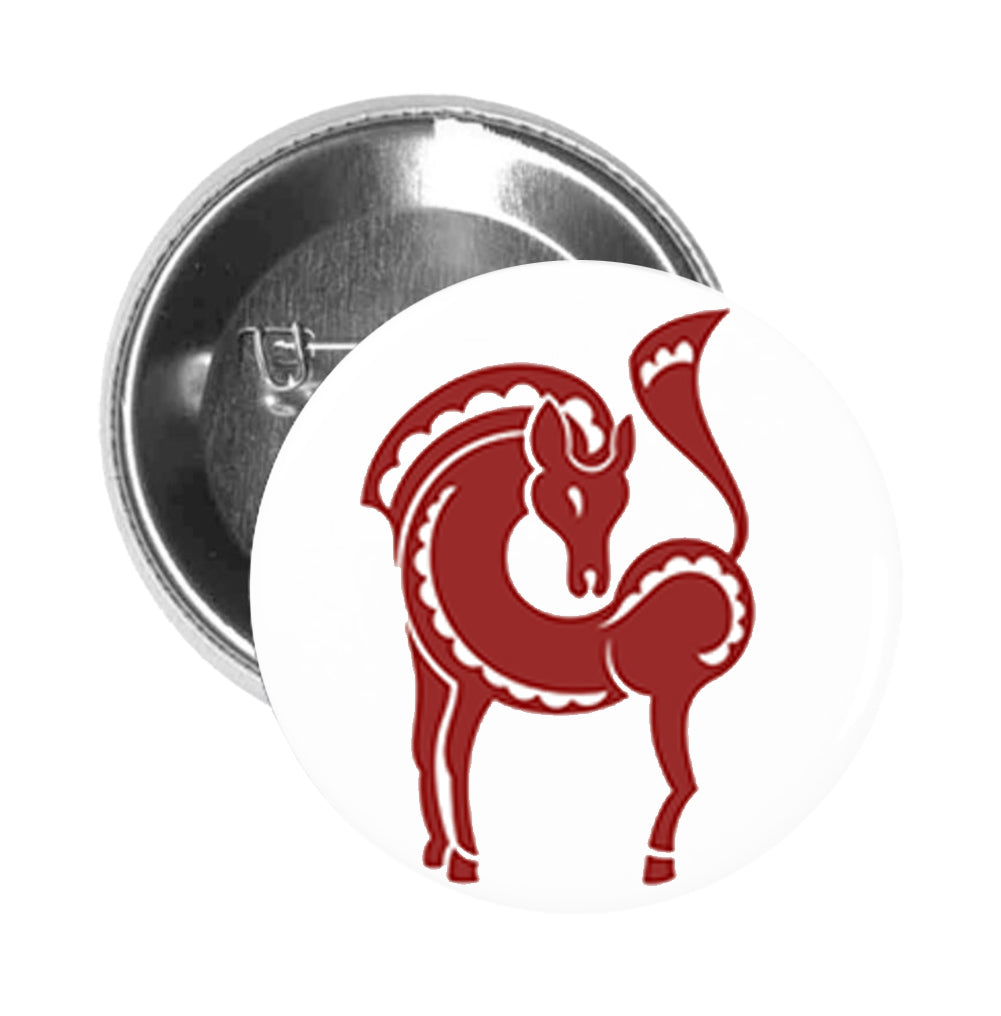 Round Pinback Button Pin Brooch Simple Maroon Chinese Astrology Zodiac Character Cartoon Icon - Horse - Zoom