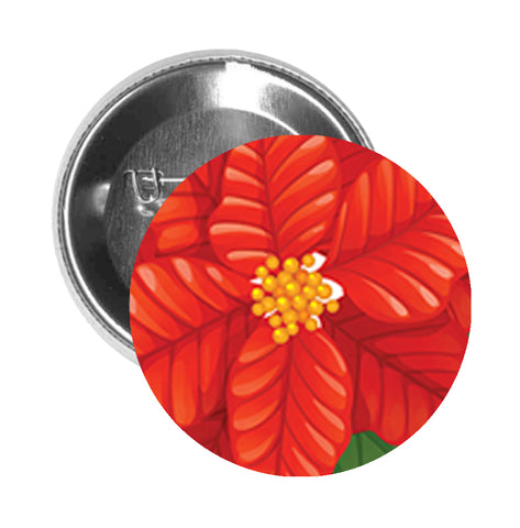 Round Pinback Button Pin Brooch Simple Red Christmas Holiday Poinsettia Flower - Zoom