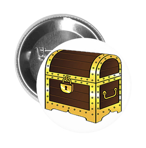 Round Pinback Button Pin Brooch Simple Gold and Wood Pirate Treasure Chest Cartoon Emoji