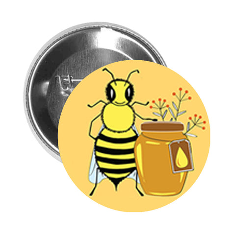 Round Pinback Button Pin Brooch Simple Golden Honey Bee Cartoon Icon - Zoom