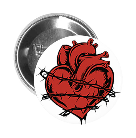 Round Pinback Button Pin Brooch Simple Gothic Anatomical Heart with Barbed Wire Cartoon Icon