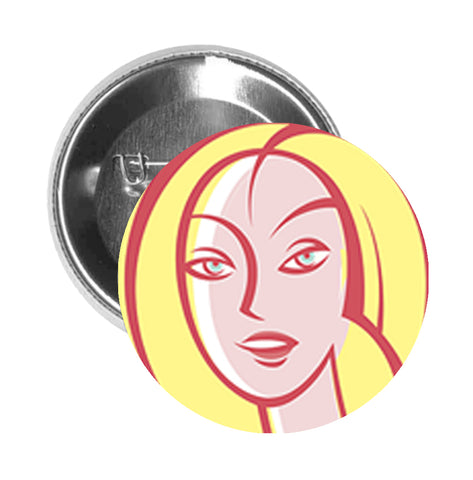 Round Pinback Button Pin Brooch Simple Graphic Art Blonde Woman Cartoon - Zoom