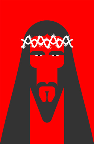 Simple Jesus Face Symbol with Thorn Crown Cartoon Icon - Red Vinyl Decal Sticker