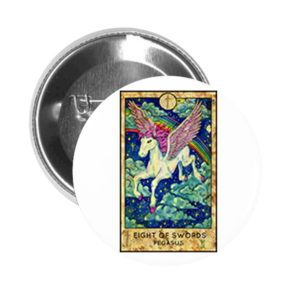 Round Pinback Button Pin Brooch Simple Tarot Card Cartoon Icon - Eight of Swords Pegasus