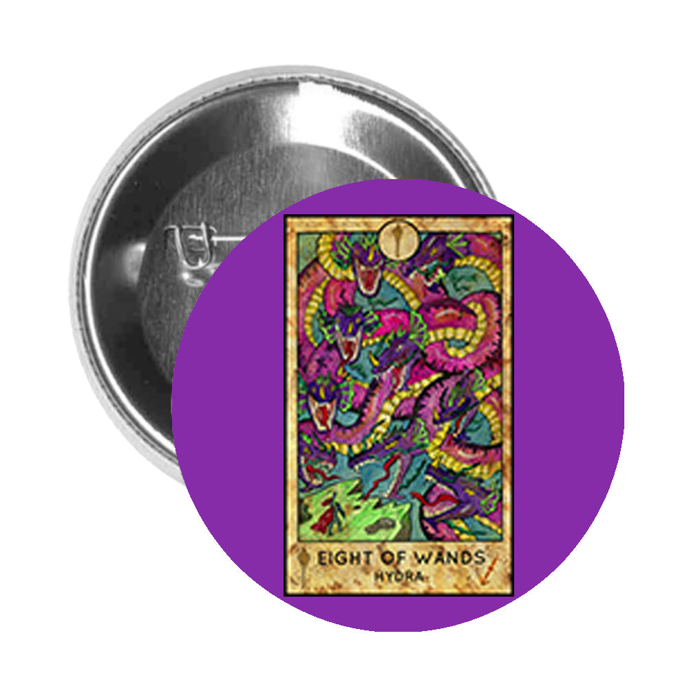 Round Pinback Button Pin Brooch Simple Tarot Card Cartoon Icon - Eight of Wands Hydra - Purple
