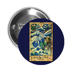 Round Pinback Button Pin Brooch Simple Tarot Card Cartoon Icon - Five of Cups Mermaid - Blue