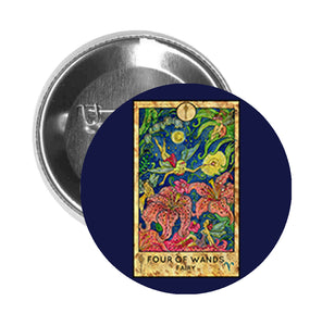 Round Pinback Button Pin Brooch Simple Tarot Card Cartoon Icon - Four of Wands Fairy - Blue