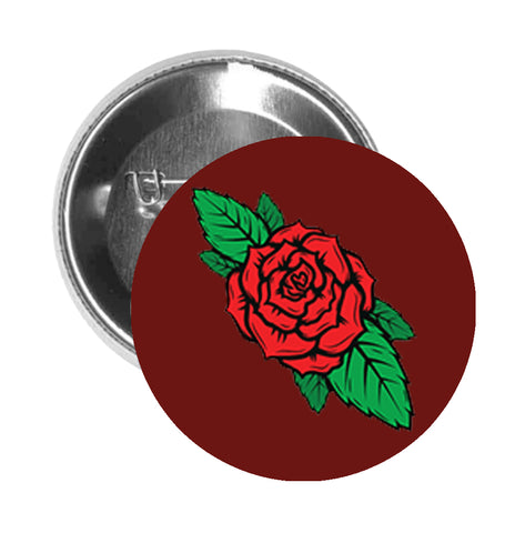 Round Pinback Button Pin Brooch Simple Vintage Retro Rose Flower Tattoo Style Cartoon Art - Maroon