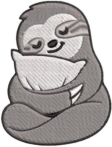 Iron on / Sew On Patch Applique Sleepy Sloth with Pillow Hug Cute Kawaii Lazy Days Chill Serene Peaceful Animal Cartoon Embroidered Design