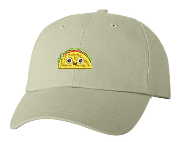 Unisex Adult Washed Dad Hat Mexican Food Cartoon Emoji - Taco Embroidery Sketch Design