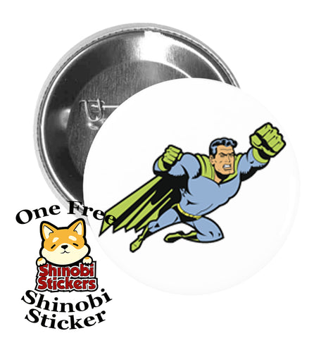 Round Pinback Button Pin Brooch Super Hero Blue and Green Strong Man Punching Fist Flying Cape Cartoon