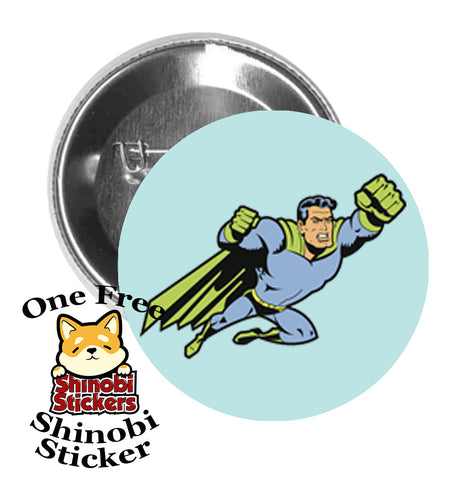 Round Pinback Button Pin Brooch Super Hero Blue and Green Strong Man Punching Fist Flying Cape Cartoon Teal
