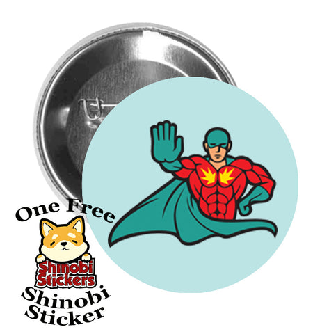 Round Pinback Button Pin Brooch Superhero Stop Hand Cartoon Teal