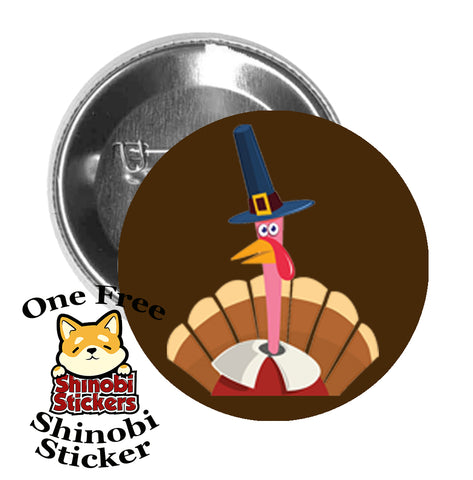 Round Pinback Button Pin Brooch Surprised Thanksgiving Turkey With Pilgrim Hat Cartoon Brown