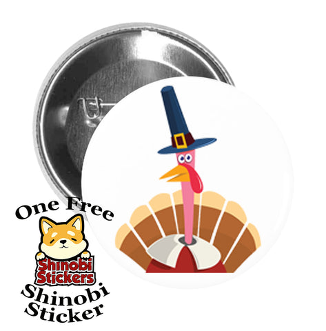 Round Pinback Button Pin Brooch Surprised Thanksgiving Turkey With Pilgrim Hat Cartoon