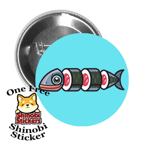 Round Pinback Button Pin Brooch Sushi Fish Roll Light Blue