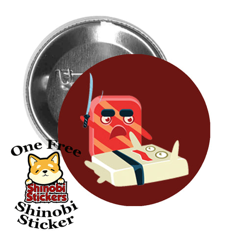 Round Pinback Button Pin Brooch Sushi Rice and Sashimi Cartoon Emoji Fighting Maroon