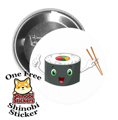 Round Pinback Button Pin Brooch Sushi Roll Emoji with Chopsticks