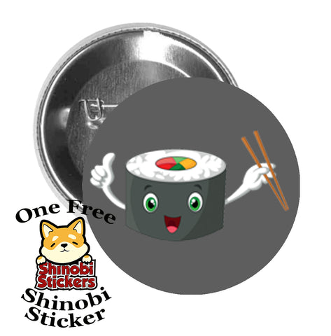 Round Pinback Button Pin Brooch Sushi Roll Emoji with Chopsticks Grey