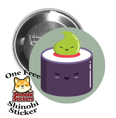 Round Pinback Button Pin Brooch Sushi Roll Emoji with Wasabi Sage