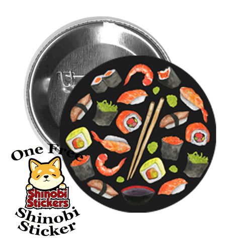 Round Pinback Button Pin Brooch Sushi Sashimi Classics Cartoon Icon