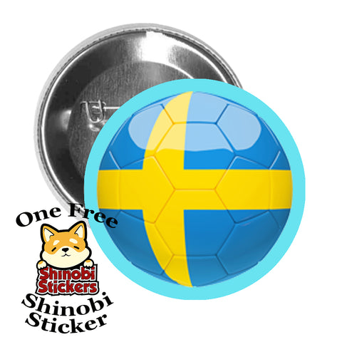 Round Pinback Button Pin Brooch Sweden Soccer Futbol Ball Sports Country Flag Cartoon Light Blue