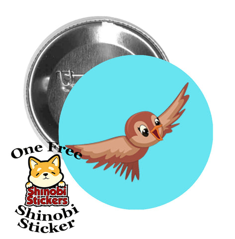 Round Pinback Button Pin Brooch Sweet Adorable Cute Animal Kindergarten Nursery Cartoon - Brown Sparrow Light Blue