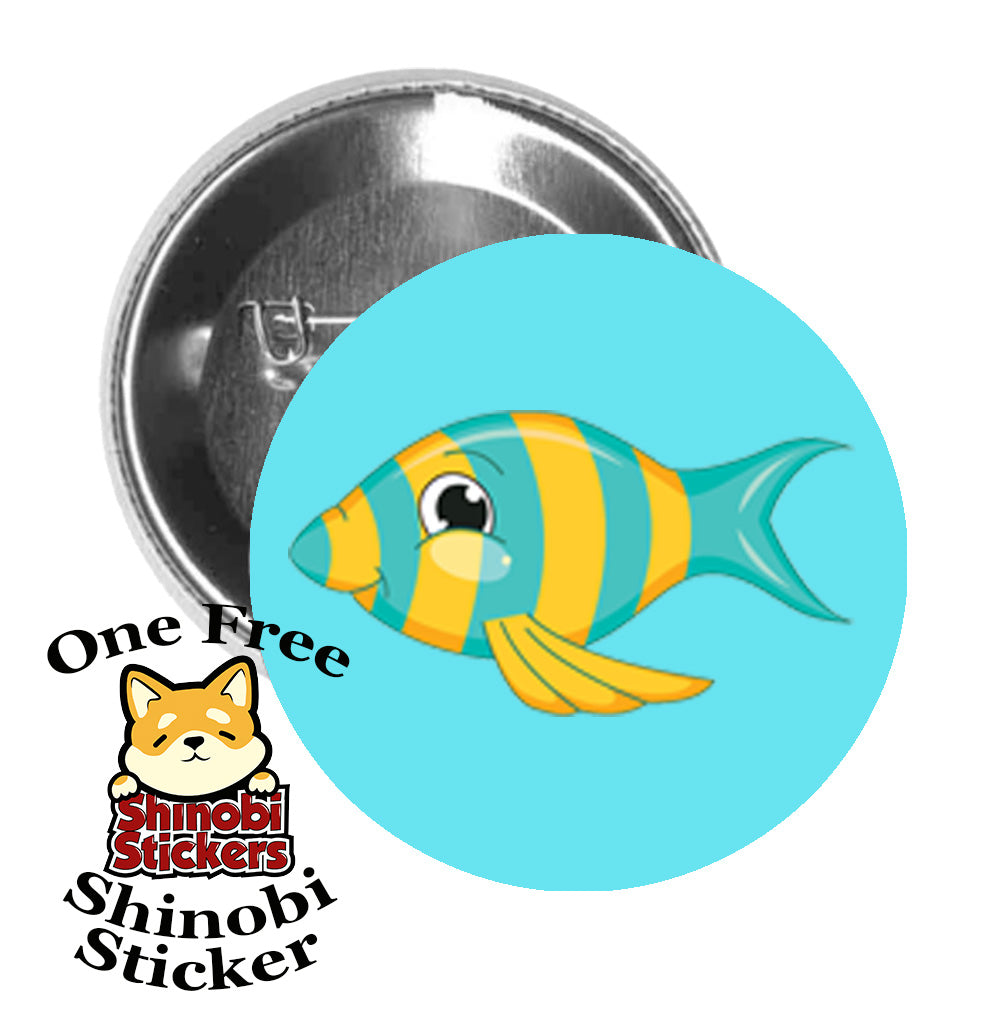Round Pinback Button Pin Brooch Sweet Adorable Cute Animal Kindergarten Nursery Cartoon - Flounder Fish Light Blue