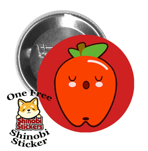 Round Pinback Button Pin Brooch Sweet Adorable Kawaii Cute Red Apple Face Expression Cartoon - Bored Apple Red