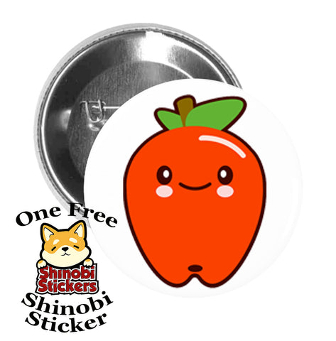 Round Pinback Button Pin Brooch Sweet Adorable Kawaii Cute Red Apple Face Expression Cartoon - Smiley Apple