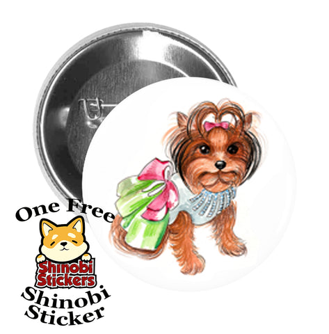 Round Pinback Button Pin Brooch Sweet Adorable Mini Small Puppy Dog Watercolor Art - Yorkie Yorkshire Terrier in Dress