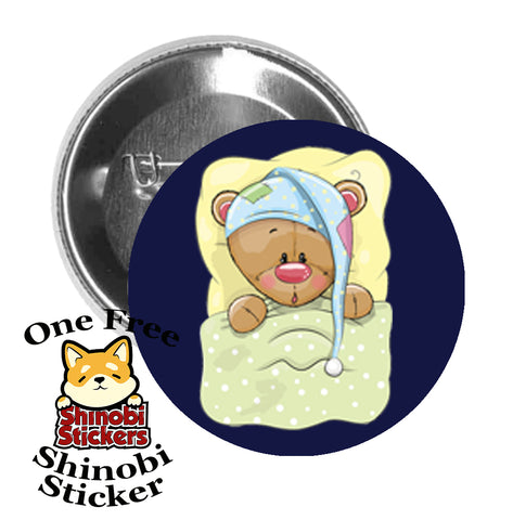 Round Pinback Button Pin Brooch Sweet Baby Bear Cub in Pajamas Blue