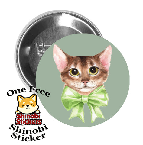 Round Pinback Button Pin Brooch Sweet Baby Kitty Cat with Bow Watercolor Art Sage