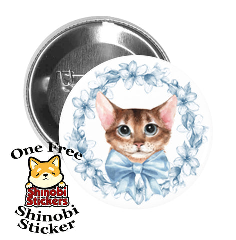 Round Pinback Button Pin Brooch Sweet Baby Kitty Cat with Bow and Flowers Watercolor Art