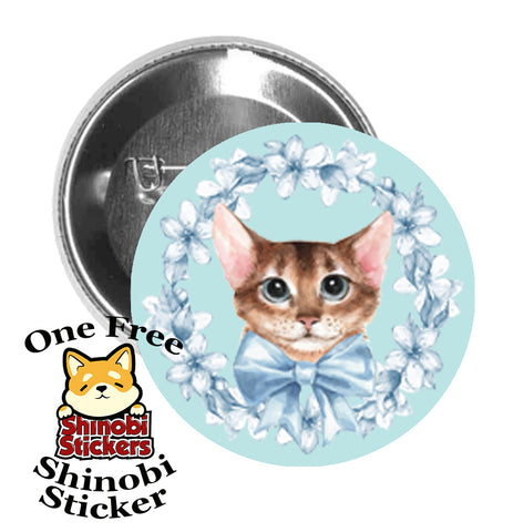 Round Pinback Button Pin Brooch Sweet Baby Kitty Cat with Bow and Flowers Watercolor Art Teal