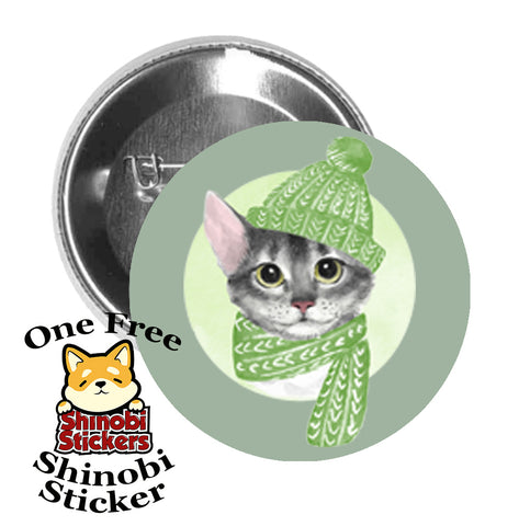 Round Pinback Button Pin Brooch Sweet Baby Kitty Cat with Scarf and Bonnet  Watercolor Art Sage