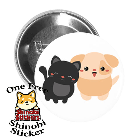 Round Pinback Button Pin Brooch Sweet Blushing Kawaii Dog and Cat Best Friends Cartoon Emoji