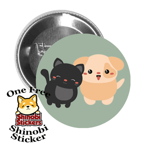 Round Pinback Button Pin Brooch Sweet Blushing Kawaii Dog and Cat Best Friends Cartoon Emoji Sage
