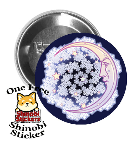 Round Pinback Button Pin Brooch Sweet Boho Crescent Moon Starry Snowflake Night Icon Blue