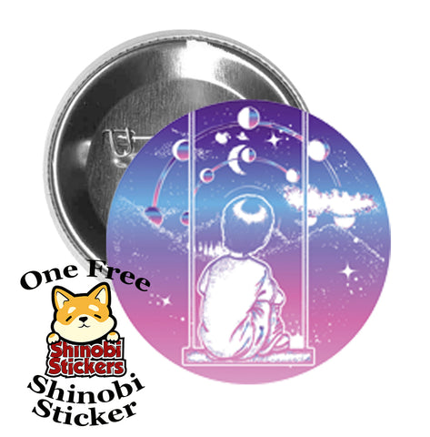 Round Pinback Button Pin Brooch Sweet Boy on Swing under Ombre Moon Phases Starry Night Icon