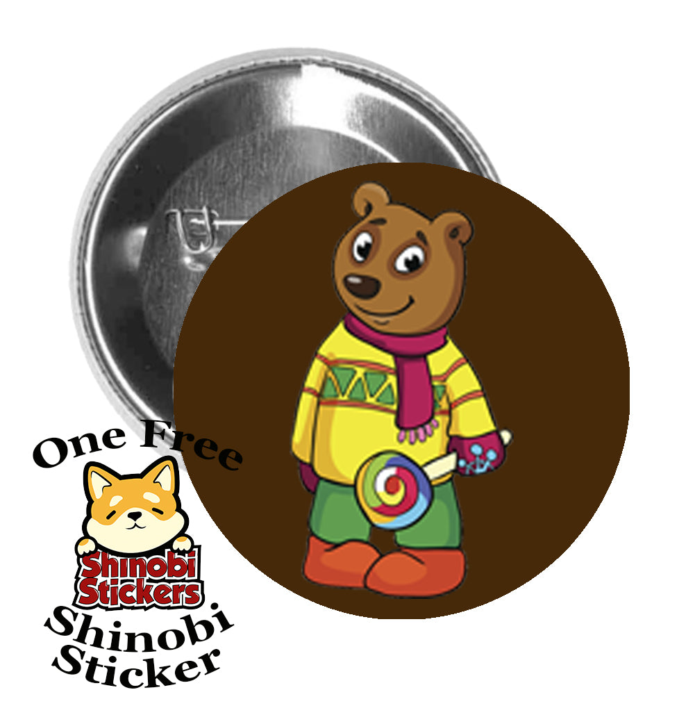 Round Pinback Button Pin Brooch Sweet Brown Winter Bear with Lollipop Cartoon Brown
