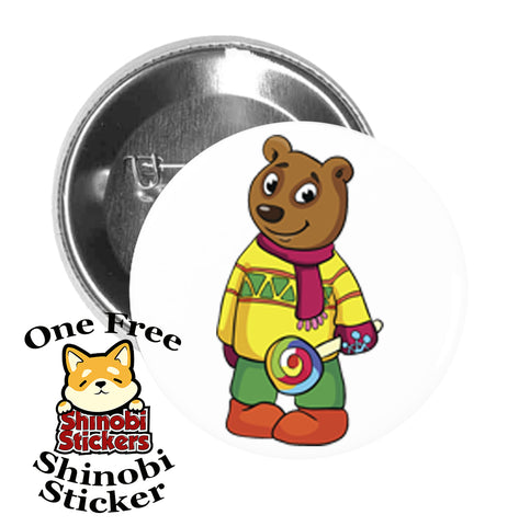 Round Pinback Button Pin Brooch Sweet Brown Winter Bear with Lollipop Cartoon