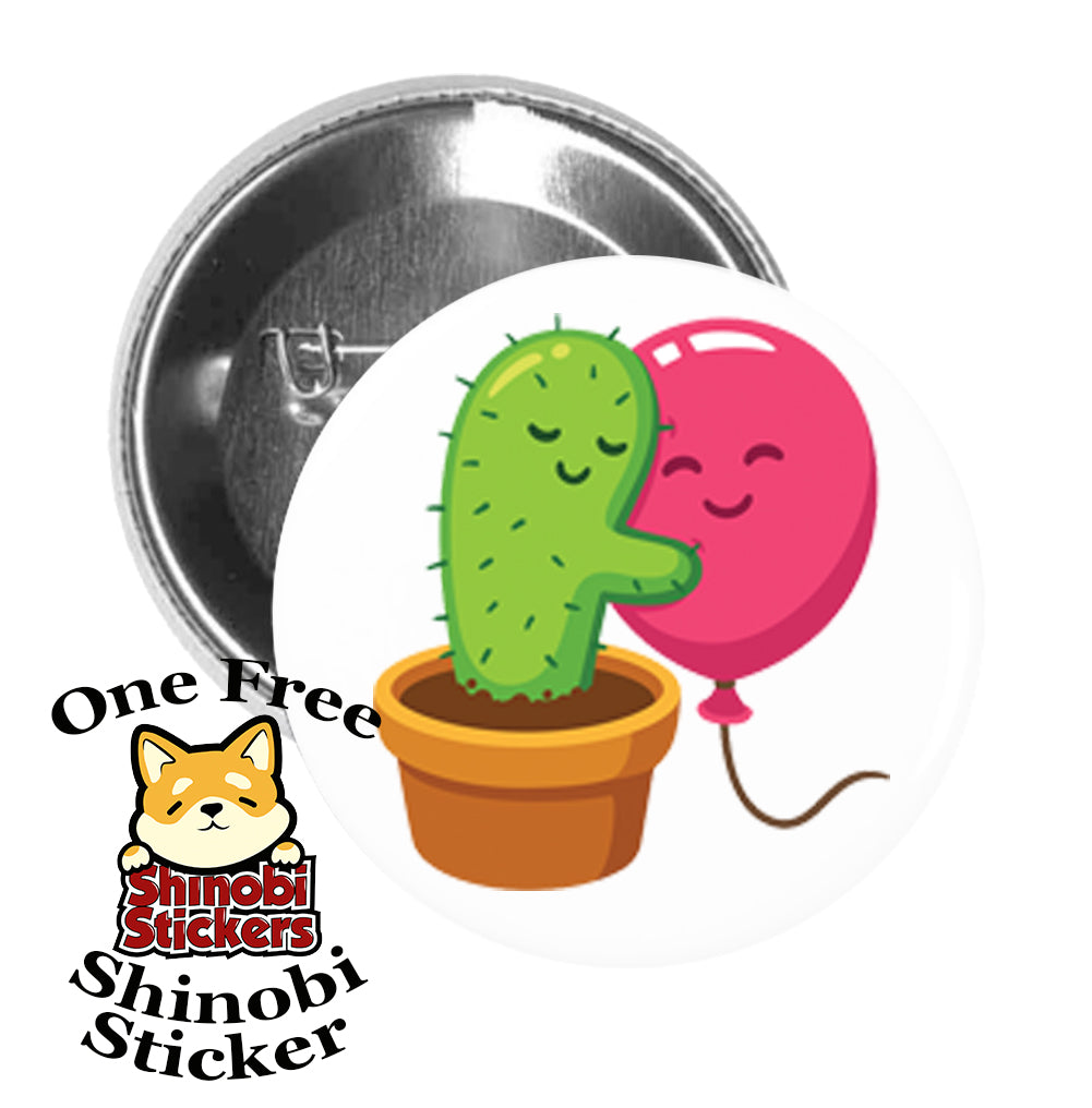 Round Pinback Button Pin Brooch Sweet Cactus Hugging Pink Balloon Cartoon Emoji