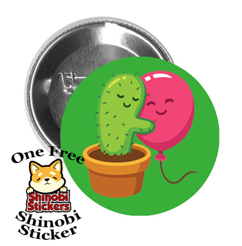 Round Pinback Button Pin Brooch Sweet Cactus Hugging Pink Balloon Cartoon Emoji Green
