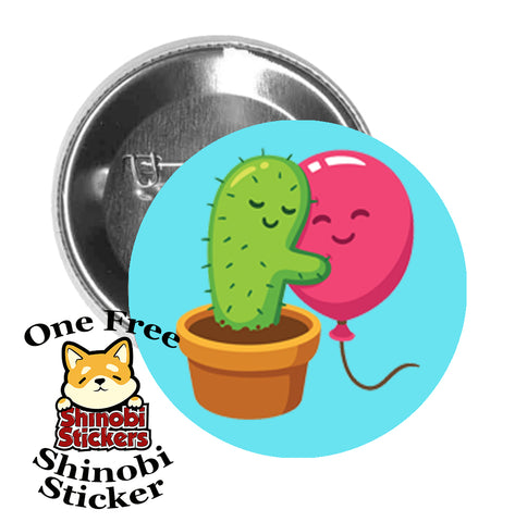Round Pinback Button Pin Brooch Sweet Cactus Hugging Pink Balloon Cartoon Emoji Light Blue
