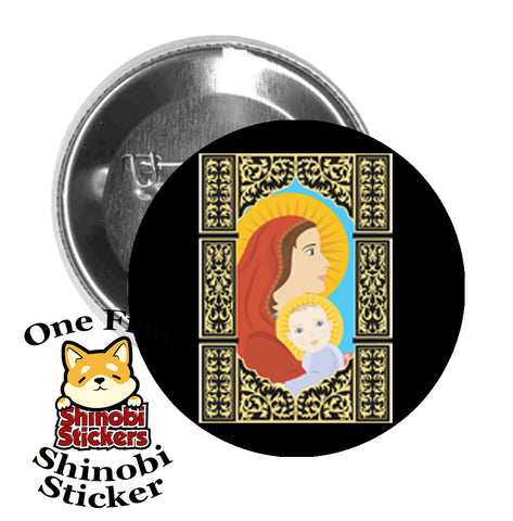 Round Pinback Button Pin Brooch Sweet Christian Catholic Mother Mary and Jesus Cartoon Panel