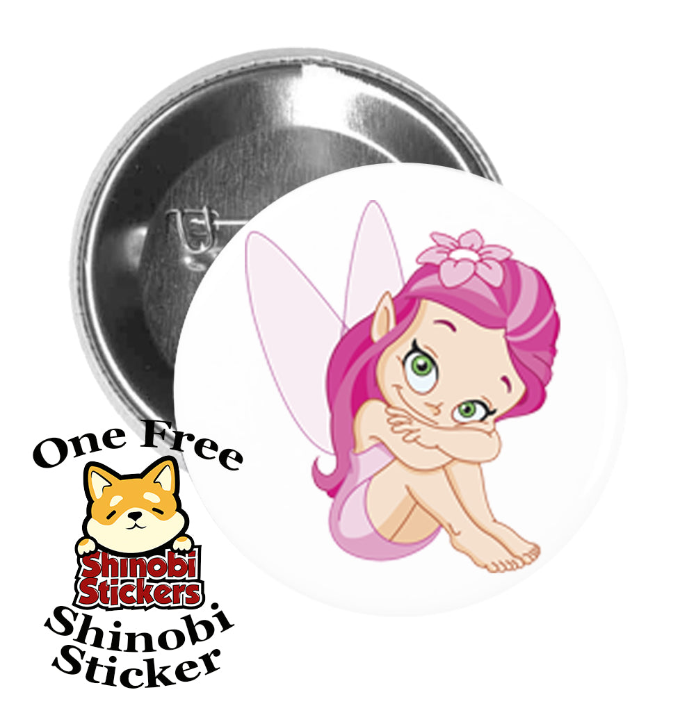 Round Pinback Button Pin Brooch Sweet Cute Pink Kids Garden Fairy Cartoon