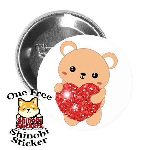 Round Pinback Button Pin Brooch Sweet Cute Valentine Bear with Sparkly Red Heart Cartoon