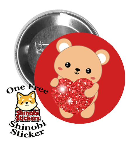 Round Pinback Button Pin Brooch Sweet Cute Valentine Bear with Sparkly Red Heart Cartoon Red